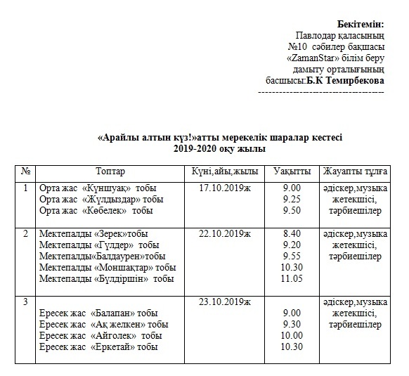 Арайлы алтын күз атты мерекелік шаралар кестесі