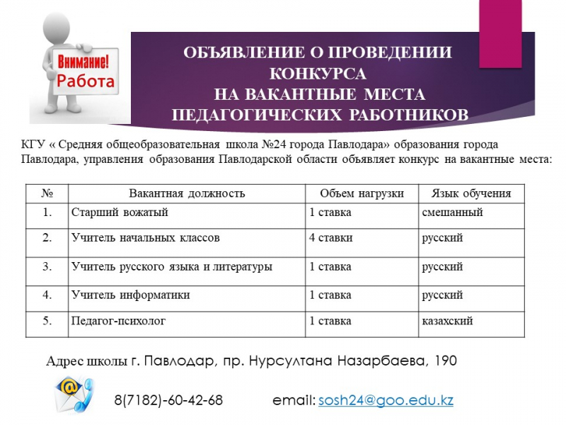 ПЕДАГОГИКАЛЫҚ ҚЫЗМЕТКЕРЛЕРДІҢ ВАКАНТТЫ ОРЫНДАРЫНА КОНКУРС ӨТКІЗУ ТУРАЛЫ ХАБАРЛАНДЫРУ