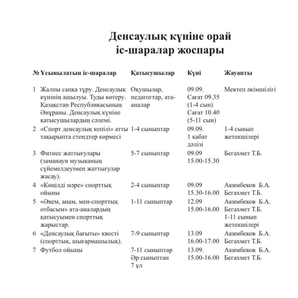 Денсаулық күніне орай өткізілетін іс-шаралар жоспары⚽️