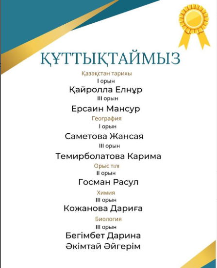 9-11 сыныптар арасында жалпы білім беретін пәндер бойынша республикалық олимпиаданың қалалық кезеңінің үшініш күнінің қорытындысы бойынша біздің мектеп жүлдегерлерін құттықтаймыз. Ұстаздарға алғысымызды білдіреміз.