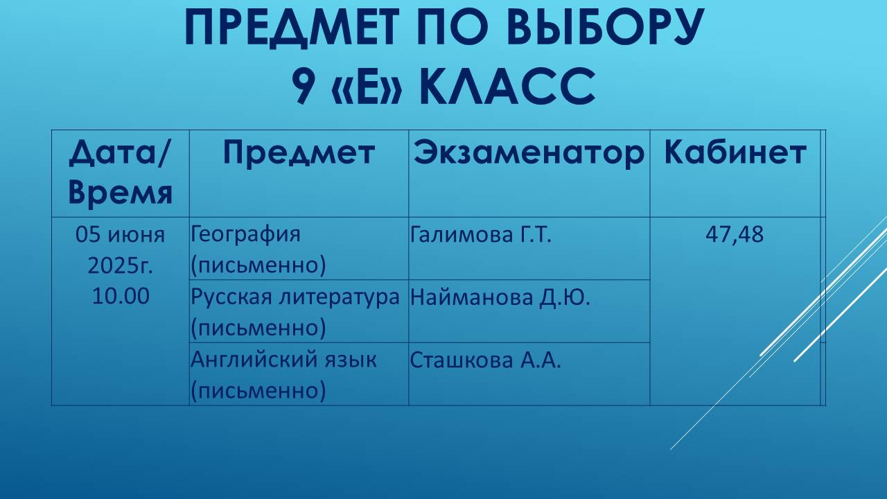 График экзаменов 9Е класс по выбору