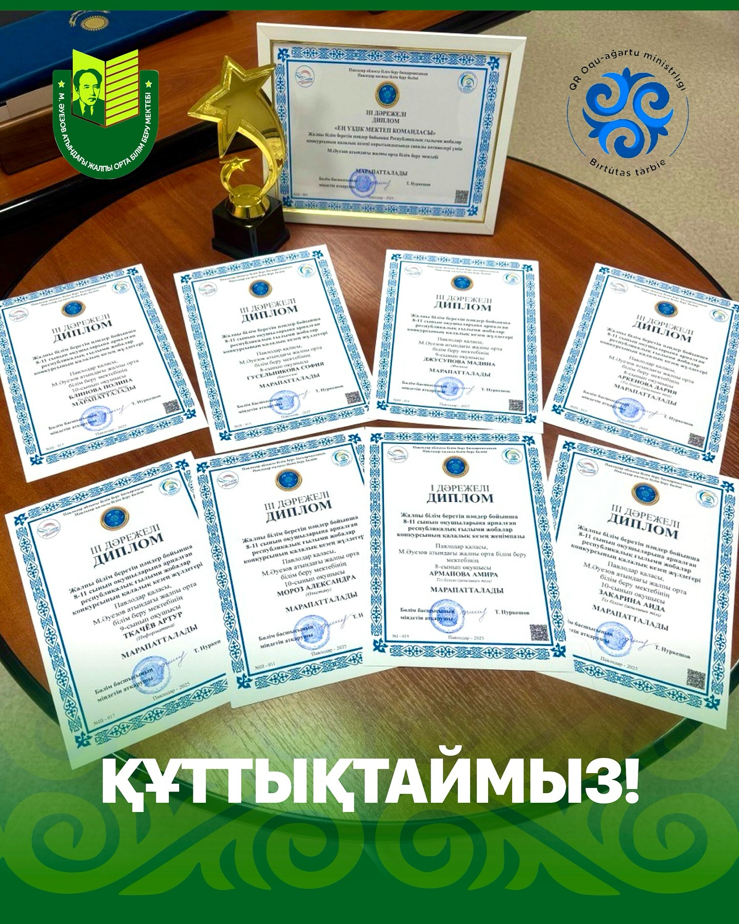 16 октября состоялся городской этап Республиканского конкурса научных проектов среди учащихся 8-11 классов. Школу имени Мухтара Ауэзова достойно представили 10 учащихся с научными проектами в секциях: «Физика», «Информатика», «Биология», «Языкознание»