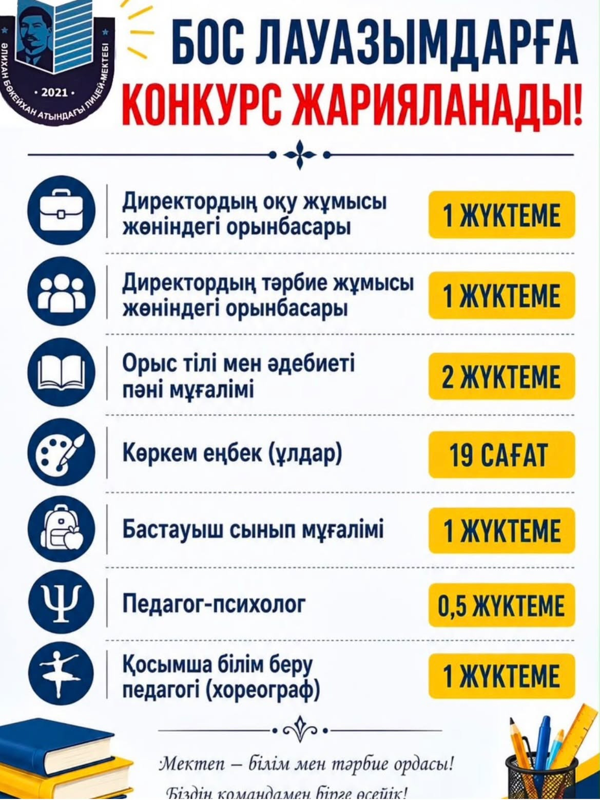 2026–2027 оқу жылына арналған бос лауазымдарға конкурс жарияланады.